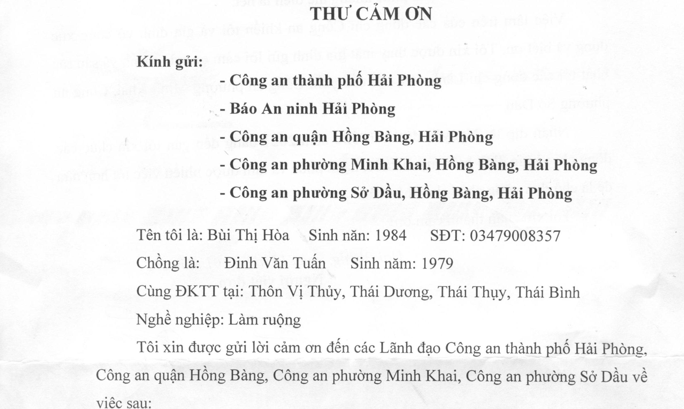 Chị Bùi Thị Hòa gửi thư cảm ơn về việc tìm được con bị lạc